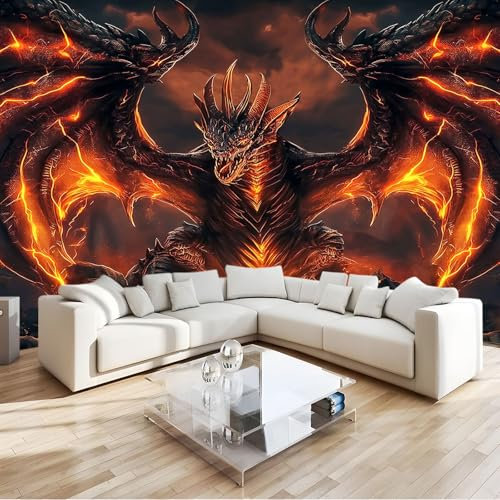 Fototapete 200x140cm Spiel Tiere Drachenflamme 3D Effekt Hochwertige XXL Moderne Wanddeko Tapete, Dunkel Vlies Tapete Wandbild für Wohnzimmer Schlafzimmer Büro