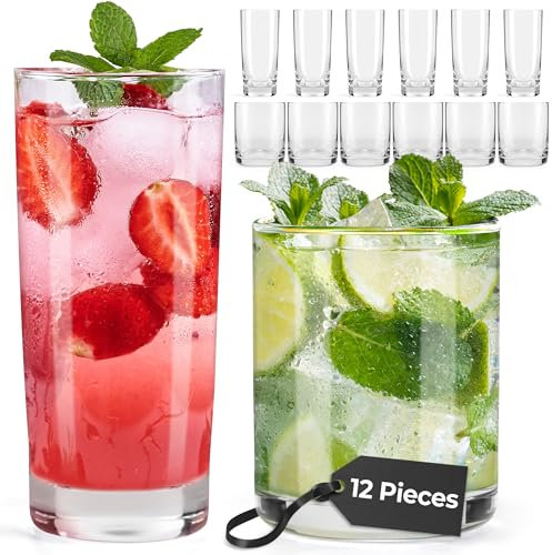 MIAMIO - Set di 12 bicchieri per bere / 6 bicchieri piccoli da 370 ml e 6 bicchieri grandi da 450 ml per acqua, cocktail, tè e birra - Lavabili in lavastoviglie