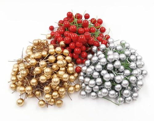 CIMERAC Bacche di agrifoglio artificiali, 10 mm, bacche finte su filo, decorazioni per albero di Natale, ghirlande, fai da te, 300 pezzi (rosso, oro, argento)
