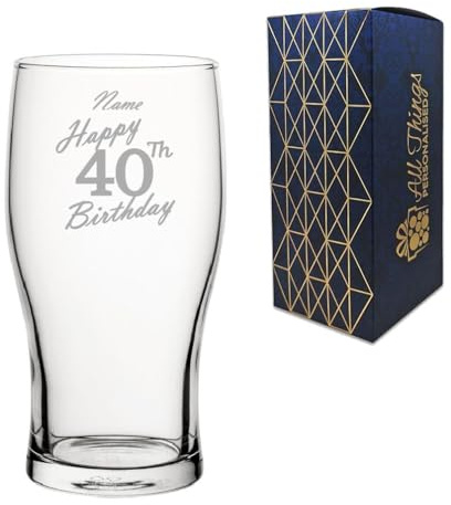 Personalised Engraved Pint Glass, Happy 40th BirthdayHandwritten Design, Classic Tulip Glass, 20oz or 570ml Capacity, Customise with Any Name, Gift Boxed