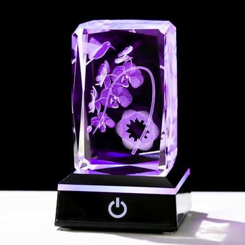 Movdyka Crystal 3D Orchids with Birds Special Flowers Gifts for Women with LED Lights Phalaenopsis Engraved Glass Ornament for Home Birthday Presents for Her