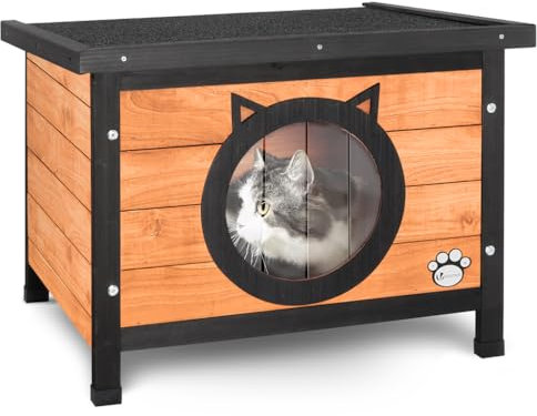 VOUNOT® Casetta per Gatti in Legno con Porta Design Orecchie di Gatto, Cuccia da Esterno Casa per Gatti con Porta e Tetto 57 x 45 x 43 cm