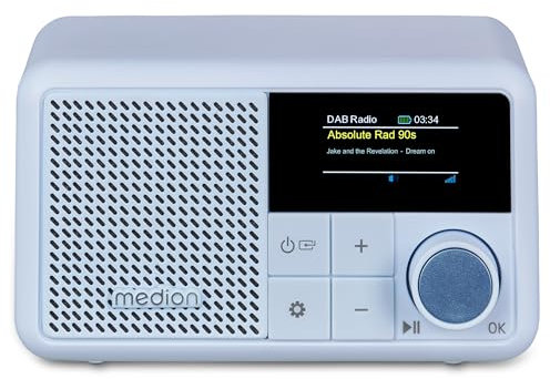 MEDION S66822 Mini Radio Digitale DAB+ Portatile da Tavolo con Bluetooth (batteria ricaricabile, display a colori oscurabile, antenna telescopica, sleep timer, sveglia, snooze, AUX, USB-C) blu