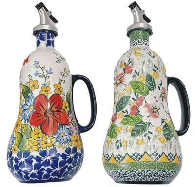 Ceramic Olive Oil Dispenser Bottle 23oz, Vintage Hand Painted Olive Oil Bottles, Italian Decorative Stoneware Olive Oil Cruet Floral Pattern Large Capacity Soy Sauce Vinegar Bottle for Kitchen (2pcs)
