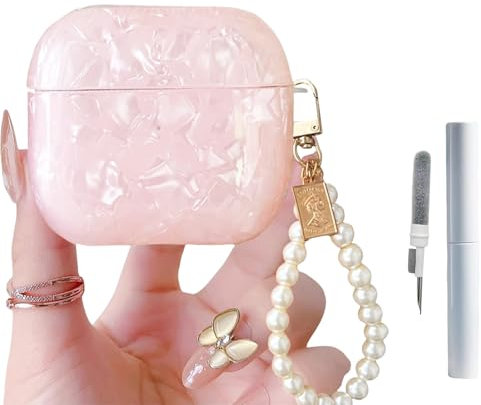 Mrltau durchsichtig Aesthetic Schutzhülle für Apple Airpods 4, mit Reinigungsset und süße Perlen Schlüsselanhänger, Cute Glitzer Case für Airpods 4