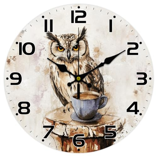 CHGCRAFT Eule Wanduhr Kaffee Nicht tickende Uhr 12 Zoll rund Dekorative Wanduhr für Haus Büro Dekoration