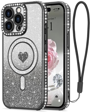 LAPOPNUT Magnetic Glitter Case for iPhone 15 Pro with Wrist Strap,Black | Compatible with MagSafe, Sparkly Phone Cover for Girls Women, Sparkle Rhinestone Rasied Camera Protection,Bling Glittery Cute