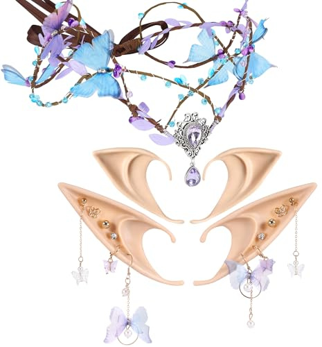 MOSTORY Woodland Fairy Accessoires für Frauen Renaissance Elf Outfit Set mit Feenkrone Elfenohren Schmetterling Ohrringe für Renfaire Cosplay