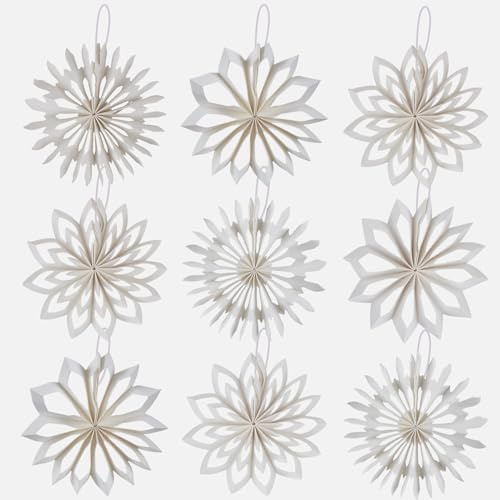 9 Stück Weihnachtsbaum Deko, 3D Mini Weiße Schneeflocken Ornamente, Papier Aufhängen Fächer Deko Weihnachts Papier Schneeflocke für Home Winter Geschenke Weihnachten