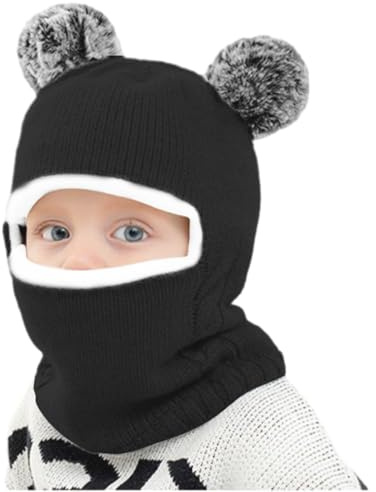 Udbrud Cagoule Bébé, Enfant d'hiver Cercle Echarpe Ensemble Enfant Double Pompon Cagoule Balaclava Bonnet Chaud écharpe Ensemble pour Filles et Garçons - Noir