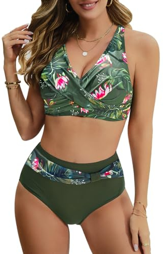 Nadeer Women's Two Piece Swimsuits Cross Wrap Front Bikini High Waisted Bikini Bottom Tummy Control Bathing Suits with Adjustable Straps Vintage Print Swimwear
