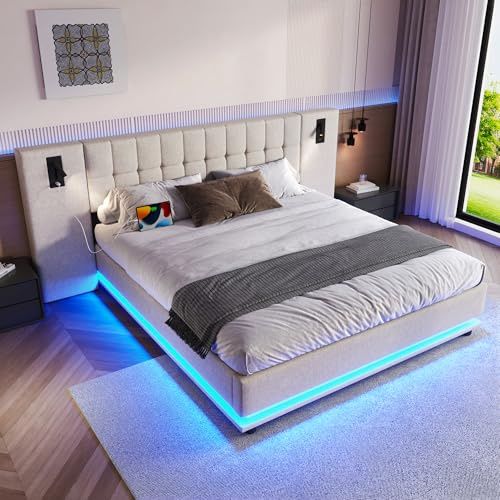 Kayan Polsterbett 180x200 cm, Boxspringbett mit Bettkasten, Bett mit Lattenrost, Kopfteil mit Leselicht und USB Ladefunktion, Stauraumbett Jugendbett Bettgestell, Leinen, ohne Matratze (Beige)