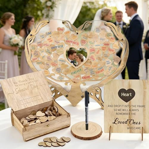 Gästebuch Hochzeit Holz, Herzrahmen Hochzeit Gästebuch Alternative mit 80 Holzherzen, Hochzeitsgästebuch mit Aufbewahrungsbox, Personalisierte Hochzeitsdek for Hochzeit,Jubiläum,Geburtstag,Graduierung