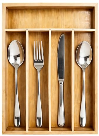 YIFKJYLF Cutlery Drawer Organiser, 5 Compartment Adjustable Utensil Tray for Forks Spoons Knives, Silverware Flatware Holder, Eco Friendly Kitchen Storage Solution