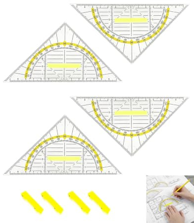 YIPFEN Set 4 Squadre Geometriche con Maniglia, Goniometri Triangolari Trasparenti in Plastica, Righelli Antiscivolo Ergonomici per Precisione Disegno e Sicurezza Scolastica