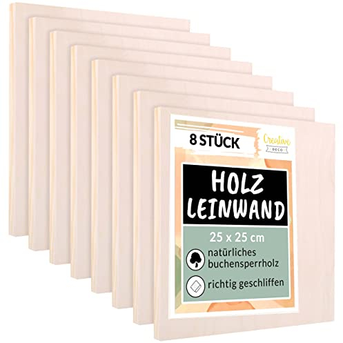 Creative Deco Holz Leinwand zum Bemalen 25 x 25 cm 8er Pack | Set von Holz-Malgründe | 1,7 cm Dicke | Malplatte für Profis und Hobby-Maler | Malunterlagen für Kunstprojekte, Dekoration, Gemälde