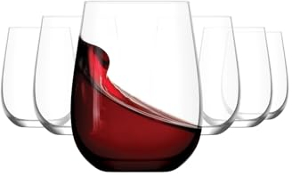 LAV Stemless Red & White Wine Glasses Tumbler Set of 6 - Drinking Glassware for Water Champagne Martini Mimosa Prosecco Cocktail Sangria - Short 16 oz No Stem Glasses Dishwasher Safe