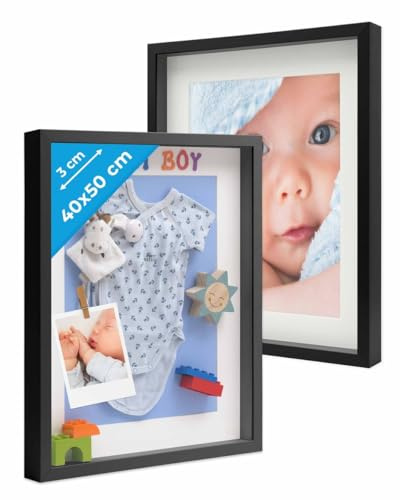 PHOTOLINI 3D Bilderrahmen zum Befüllen 40x50 Schwarz groß, 3 cm tiefer Objektrahmen mit Glas, 2X tiefer Bilderrahmen 40x50 Holz MDF mit Passepartout, Dicker 3D Rahmen befüllbar für Gegenstände