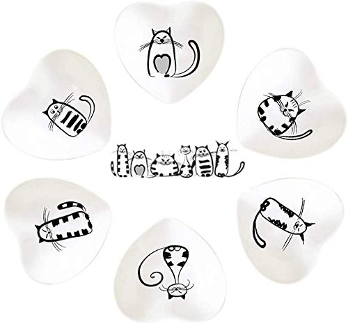 6pcs Super Cute Cat Ceramic Sauce Dish,Teabag Holder Dish,Condiment Dishes,Sushi Soy Dipping Bowl,Snack Serving Dishes,Porcelain Small Saucer Set,with Handle Grip (Heart-Shaped)