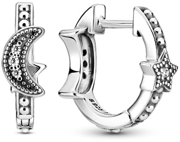 Pandora Passions Crescent moon and star sterling silver hoop earrings with clear cubic zirconia