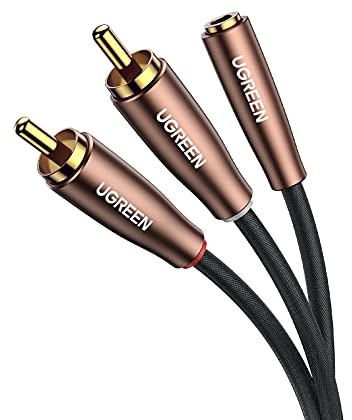 UGREEN Cinch Klinke Adapter 3,5mm Buchse zu 2 Chinch Stecker für Lautsprecher, HiFi Sound Anlage usw. Vergoldete Kontakte, Baumwolle Ummantelung 3M