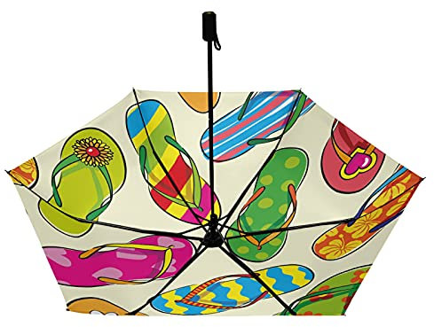 Colorful Seamless Hand Drawn Flip Flips Slippery on Cream Color Compact Lightweight Folding Umbrella, Inner Print Sun Parasol with UV Protection, Strong Portable Travel Rain Umbrella