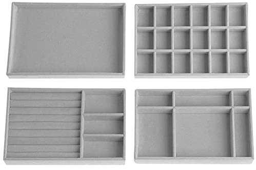 Generico Lighterday Vassoi Organizer Gioielli Set di 4 Impilabili Gioielli VassoioPortagioielli Cassetto Organizer Gioielli da Cassetti,VassoioVelluto per Bracciale Collana Anello Orecchino (Grigio)