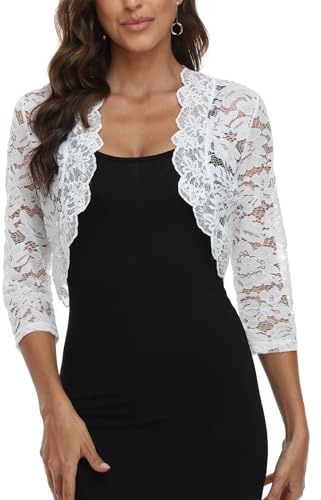 MISS MOLY Boléro en dentelle pour femme - Cardigan court à manches 3/4 - Pour mariage, cocktail, Blanc., 38