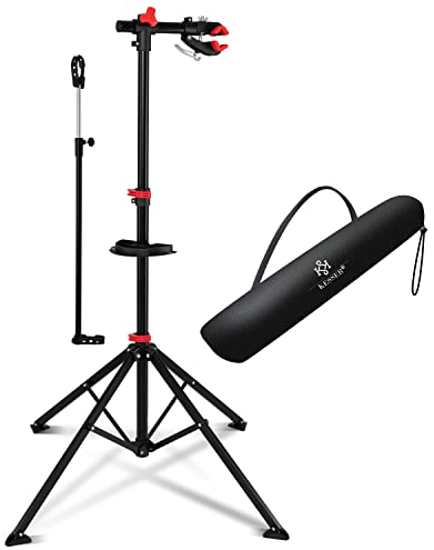 KESSER® Fahrradmontageständer Profi Reparaturständer Fahrradständer + Tasche Fahrradreparaturständer bis 30 kg Fahrrad Montageständer inkl. Werkzeugschale + Magnetfach, drehbar Mountainbike, Rot
