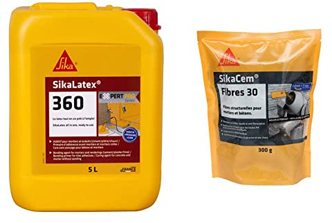 Sika - SikaLatex 360, Additif pour mortier et béton, primaire et produit de cure prêt à l'emploi, 5L & em Fibres 30, Fibres structurelles 30mm pour mortiers et bétons, 300g, Gris