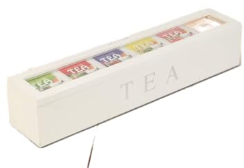 Teebox aus Holz, Teebeutel-Organizer, Aufbewahrungsbox, Teebeutelhalter, Organizer mit 6 Fächern, Teekiste, Behälter, Teedose für Kaffee, Tee, Zucker, Getränke, Packungen (Weiss)