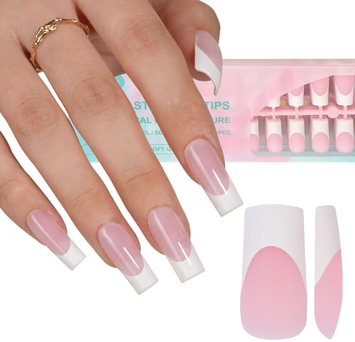 Misssix French Gel Nail Tips, 240Pcs French Tip Press on Nails Long Square Pink, No Need to File Tips Pre-lasting, Fake Nails for Nail Art DIY 15 Sizes