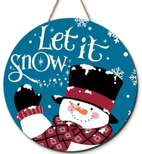 Horienteeon Let It Snow Schneemann Schild für Haustürdekoration, Winter Willkommen Bauernhaus Holz Türhänger für Weihnachten Outdoor Veranda, rustikale Schneeflocken Holzkranz hängende Dekoration 28