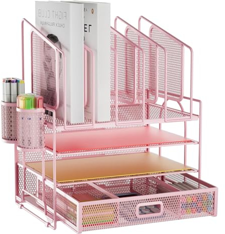 Marbrasse Desk Organiser Tray,4-Tier Paper Letter Tray Organiser with Drawer,5 Vertical File Holders and 2 Pen Holders,Mesh Desktop Organizer Storage for Home Office Supplies(Pink)