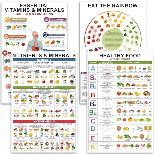 Lot de 4 tableaux de vitamines et minéraux de 27,9 x 43,2 cm – Tableau des aliments sains, affiche nutritive riche, protéines alimentaires, vitamines essentielles laminées pour salle de classe