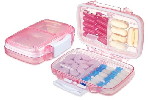 Fullicon 2er-Pack Pillenbox Reise-Organizer mit 4 Fächern, tragbare und feuchtigkeitsgeschützte Pillendose mit Etiketten und Doppelverschluss, kompakte Taschenapotheke für Vitamine und Fischöl (Rosa)
