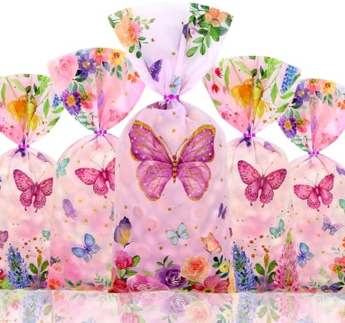 102 st fjärilscellofan godisväskor, 4 blandade stilar rosa fjärilar blommönster godis mellanmål presentpåsar för flickor älva tema par födelsedag baby shower fest presenter tillbehör
