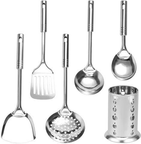 6Pcs Kitchen Utensils Set, Stainless Steel Cooking Utensils Set with Organizer, Heat Resistant, Dishwasher Safe Nonstick Cookware Tongs Spatula Spoon Set for Home Kitchen Restaurant Hotel