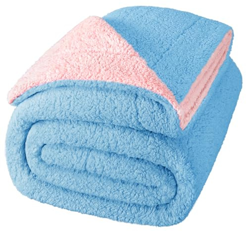 Exclusivo Mezcla King Size Reversible Sherpa Fleece Blanket, Thick and Warm Blankets for Winter, Soft Plush Fluffy for Bed, 230x265 CM, Blue/Light Pink