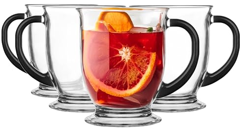 Glasmark KROSNO 1992 Kubas Lot de 4 verres à café avec poignée noire, verres à café glacé, cappuccino, tasses, lavable au lave-vaisselle, 4 x 400 ml