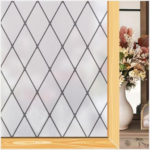 Deabevn Fensterfolie Blickdicht von Aussen, Milchglasfolie Statisch Haftend & UV-Schutz, 75 x 300 cm Schwarze Gitter Sichtschutzfolie Wiederverwendbar für Badezimmer, Küche, Fenster, Tür