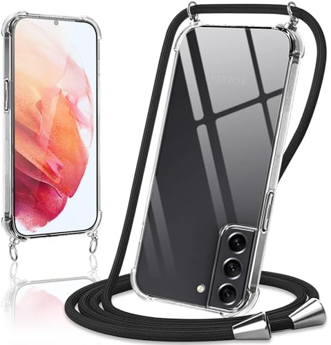 Coiwxmoi Handykette Handyhülle für Samsung Galaxy S21 / S30 Hülle mit Band 6.2,Transparent Case mit Kette Abnehmbar zum Umhängen Kordel Schutzhülle,Weich Silikon TPU Stoßfest Cover,Schwarz