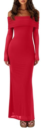 REORIA Women Off Shoulder Long Sleeve Dress Elegant Sexy Stretch Mesh Double Lined Slim Trendy Long Dresses