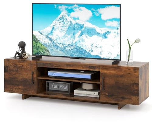 COSTWAY TV Stand Cabinet for 70 Inch TVs, 152cm TV Unit Media Entertainment Center with Charging Station, Storage Shelves and 2 Doors, Wooden Media Console Table for Living Room Bedroom (Rustic Brown)