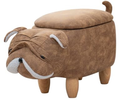 SVITA Tierhocker mit Stauraum Kinderhocker Ordnungshelfer Sitzhocker Polster mit Holzbeinen Kinderzimmer Deko Sitzbox Tier-Motiv Mops Hellbraun