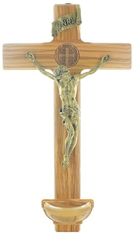 Palais du Rosaire Crucifix de Saint Benoit avec Bénitier de 51cm en Bois d'Olivier - Crucifix bois - Culte Chrétien en Bois d'olivier