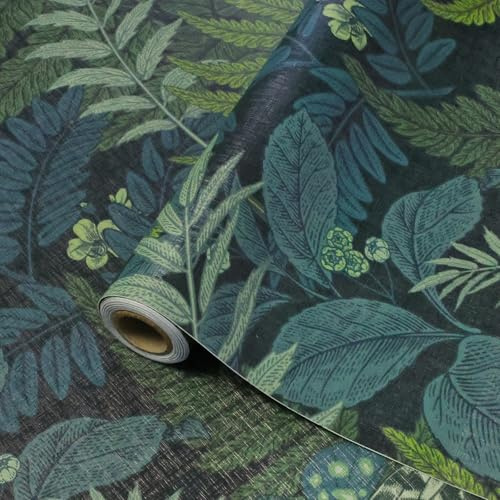ConCus-T Papier peint botanique tropical feuille verte fleur papier peint avec papillon fond noir texturé dos adhésif vinyle autocollant papier contact à décoller et coller, 44,5 x 1000 cm