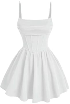 YIMAISZQ Damklänningar Ruched korsettklänning spaghettiband Fit and Flare flödande skater mini cami-klänning – ljusvit – XS