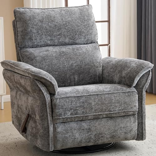 RUTOX Oversized Rocking Chair Nursery with Adjustable Headrest, 26 Extra Wide Glider Recliner Nursery Chair for Nursery, 360° Swivel Rocker Recliner with Overstuffed Armrest, Dark Grey