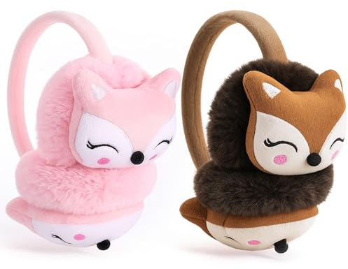 ViEinkaufen 2 Pack Kids Furry Winter Earmuffs, Cute Fox Plush Ear Warmers for Boys & Girls, Folding Ear Cover Windproof Warm Ears Protector for Students, Pink & Brown